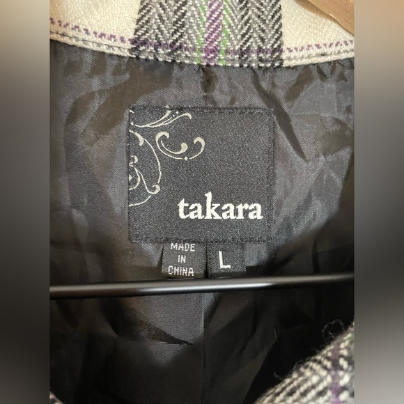 Takara Collared Plaid Long Wool Blend Lightweight Pea Coat 3/4 Sleeve Size Large - Picture 2 of 12